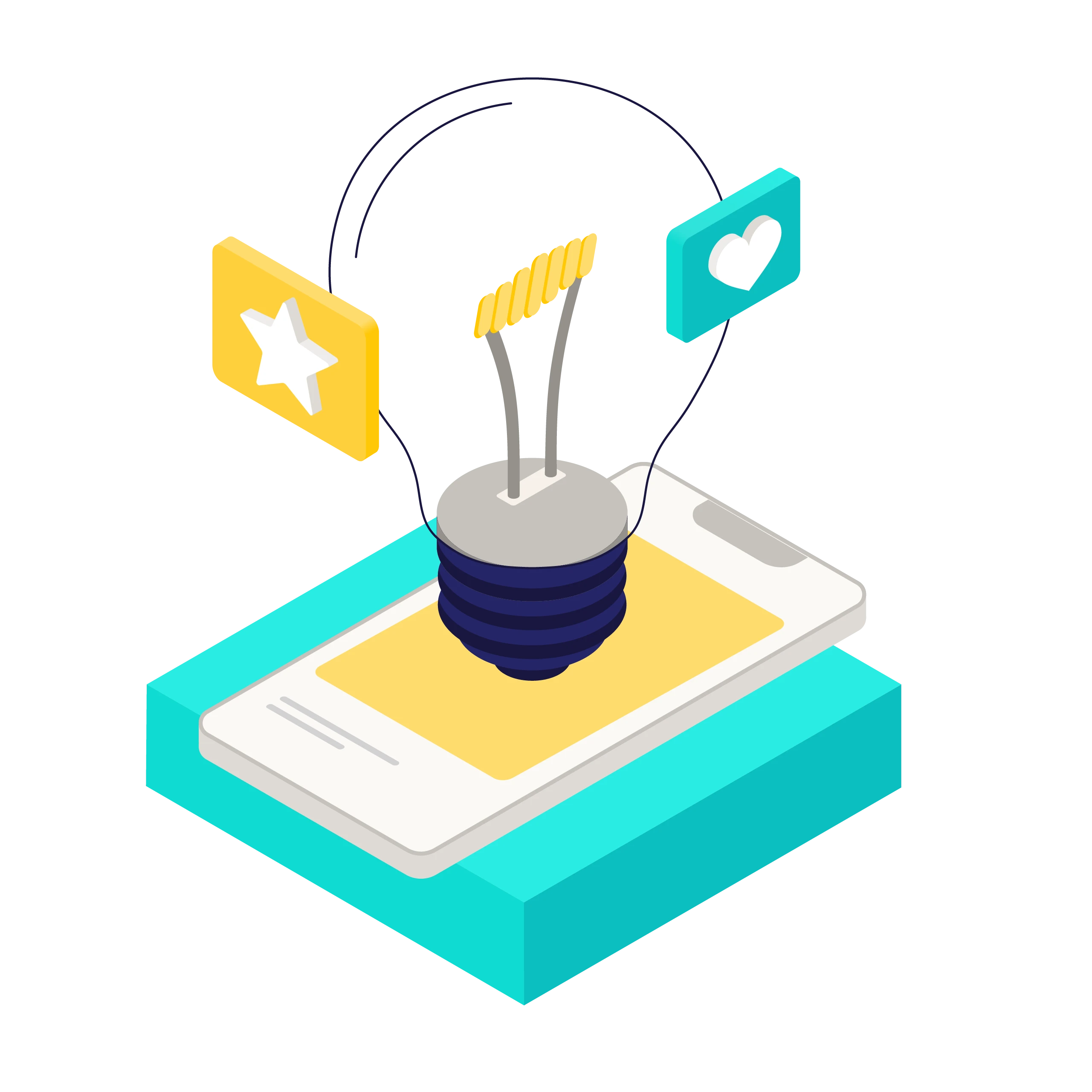 Isometric illustration of a light bulb hovering above a smartphone with star and heart icons connected to it.