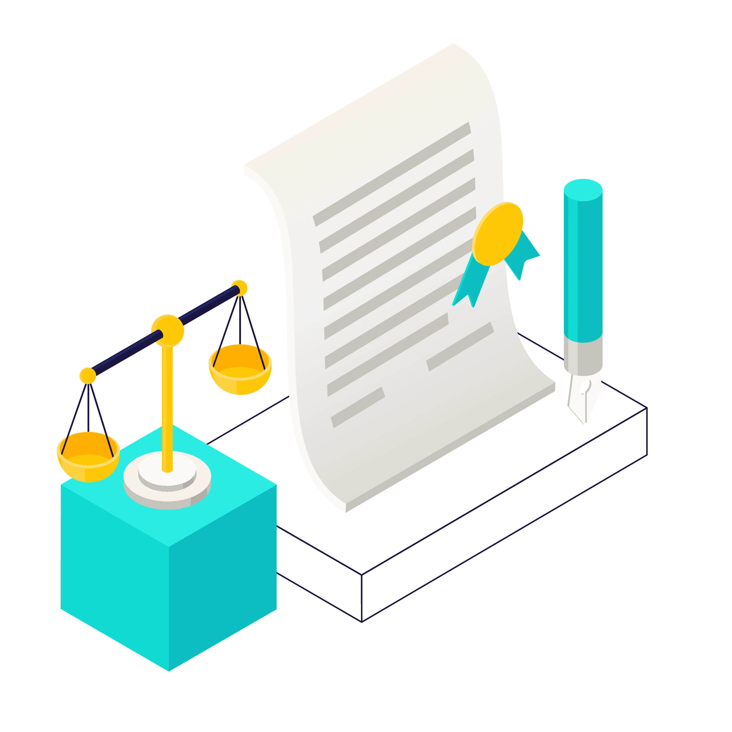 Isometric illustration of a legal document with a seal, a fountain pen, and a balance scale symbolizing law and justice.
