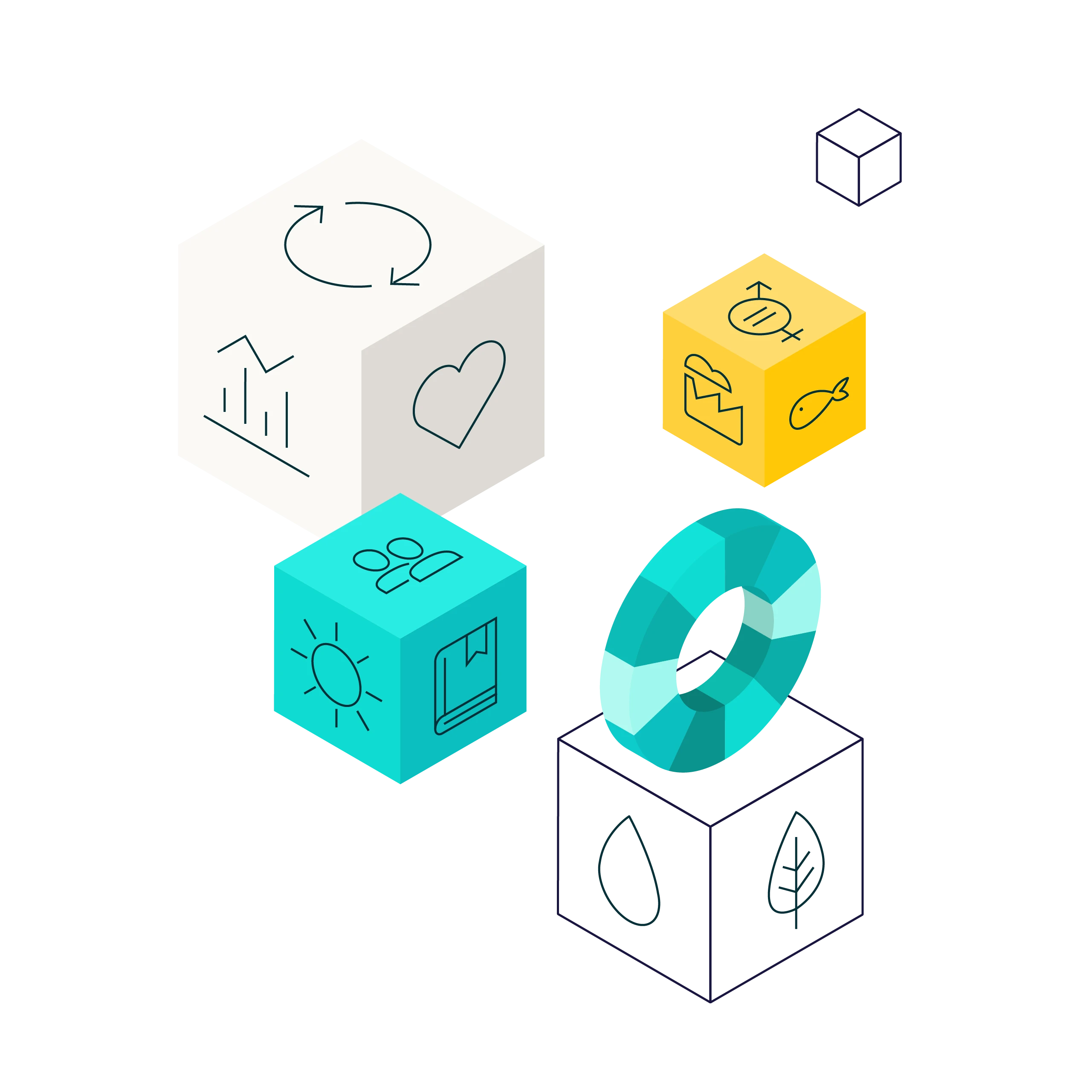 Colorful 3D cubes and a ring with icons representing sustainability concepts like recycling, health, gender equality, environment, community, and education.