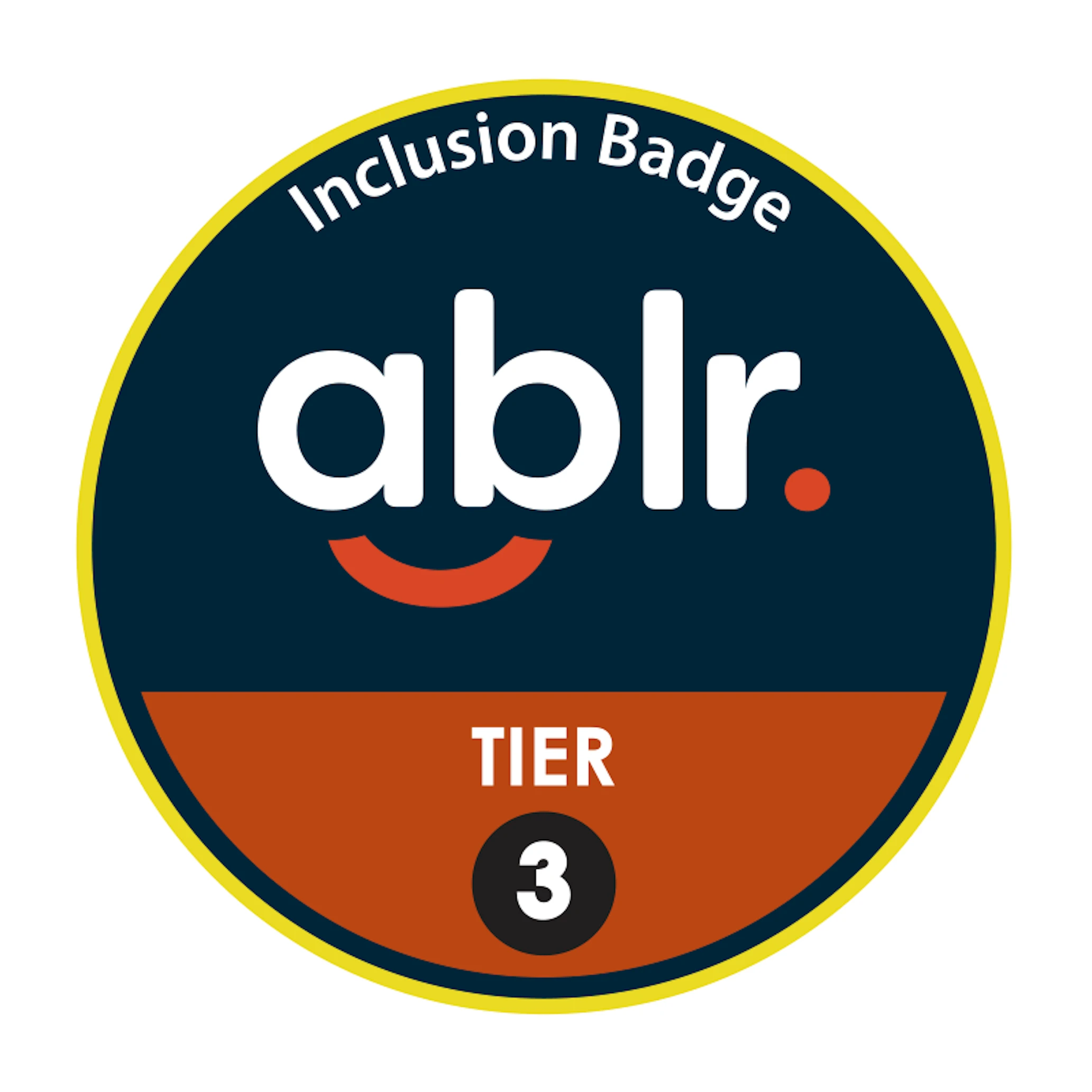 Circular ablr Inclusion Badge with a yellow border, navy blue background, and a red section at the bottom labeled Tier 3.