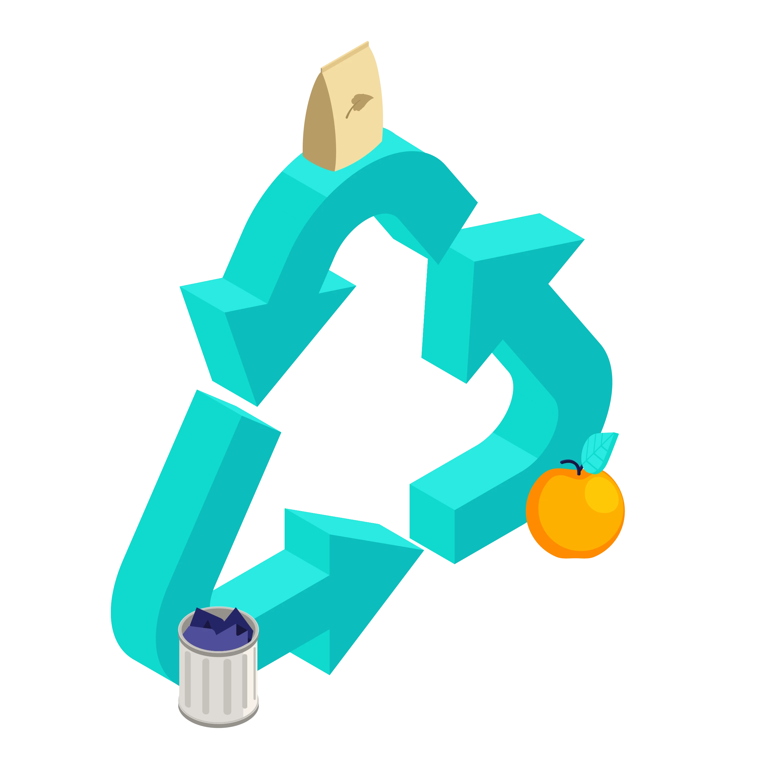 Three blue arrows forming a recycling triangle with a paper bag, a trash can, and an orange peach symbolizing waste sorting and recycling.