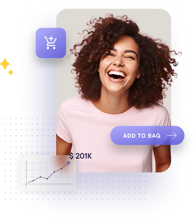 Smiling woman with curly hair wearing a light pink shirt, alongside a shopping cart icon, a graph showing growth, and a button labeled 'ADD TO BAG'.