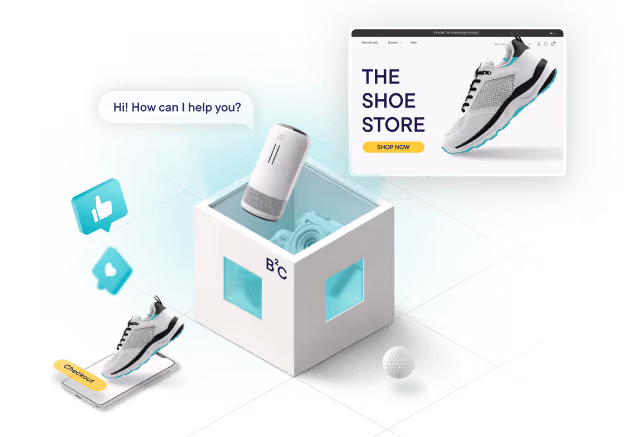Digital marketing concept with a smart speaker, online shoe store webpage, running shoe on a smartphone displaying checkout, and a golf ball around a 3D cube.