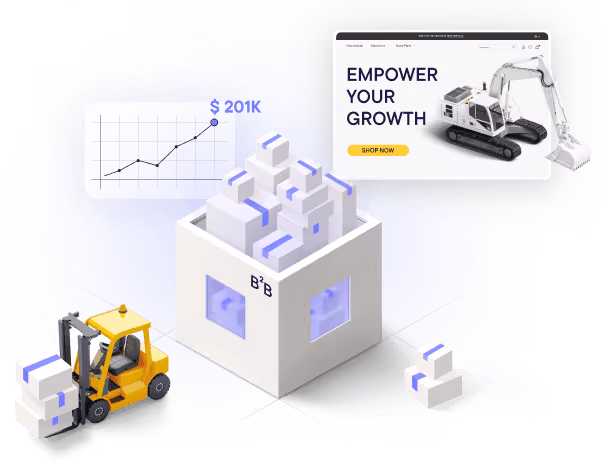 Illustration showing a forklift moving stacked cubes beside a large container with more cubes, next to a rising line graph labeled '$201k' and a website ad with an excavator and the text 'Empower Your Growth'.