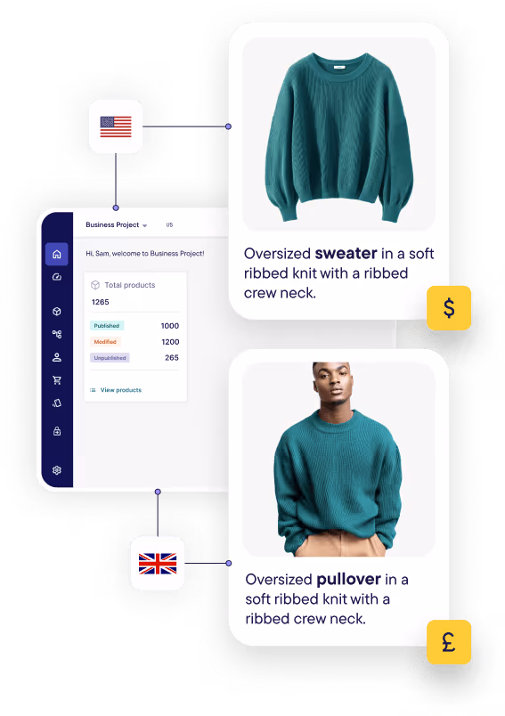 Comparison of US and UK English terms for clothing items: US term 'sweater' with image of a teal oversized sweater, and UK term 'pullover' with image of a man wearing a teal oversized pullover, both described as soft ribbed knit with ribbed crew neck.