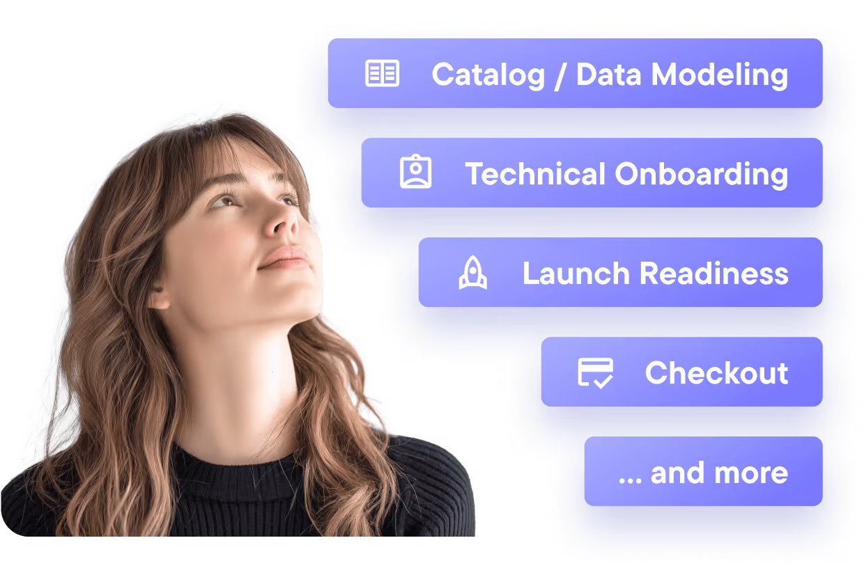 Woman with long brown hair looking up towards a list of workflow steps: Catalog/Data Modeling, Technical Onboarding, Launch Readiness, Checkout, and more.