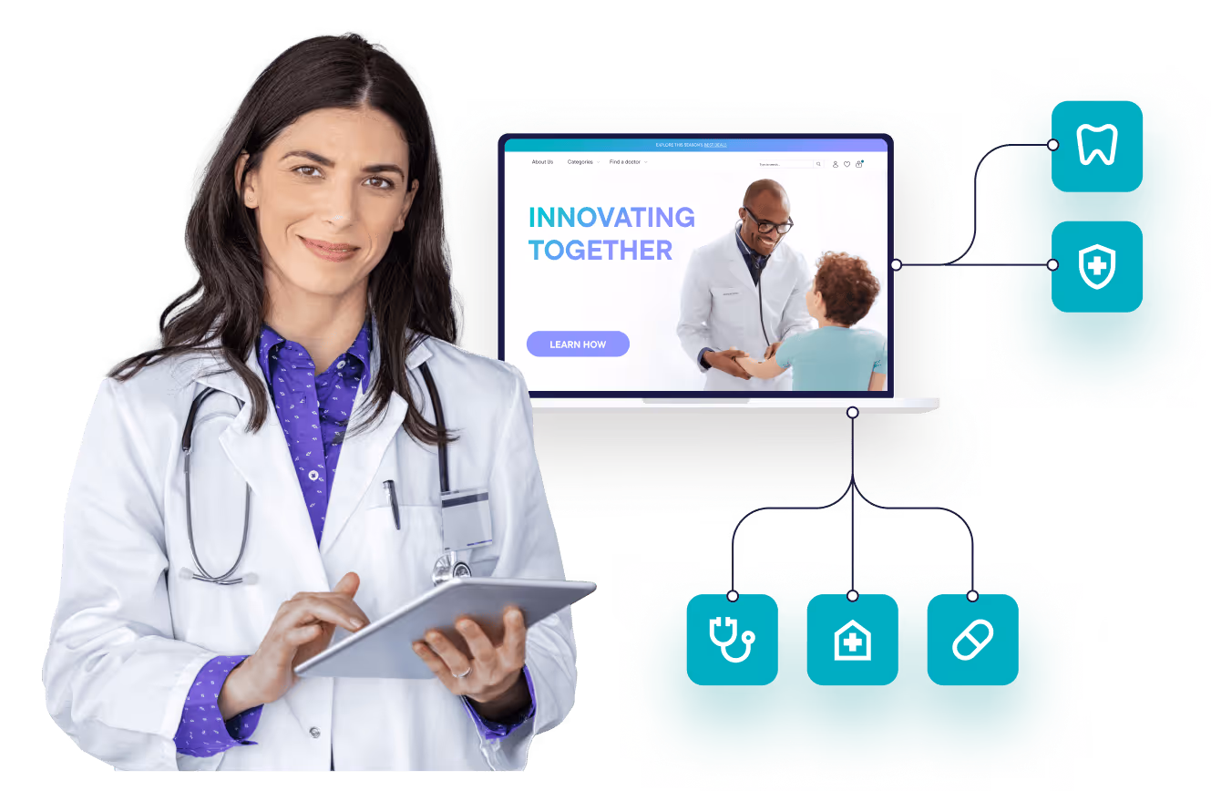 Female doctor in white coat using a tablet in front of a laptop screen displaying a medical website with the text 'Innovating Together' and icons representing dental care, health protection, stethoscope, hospital, and medication.