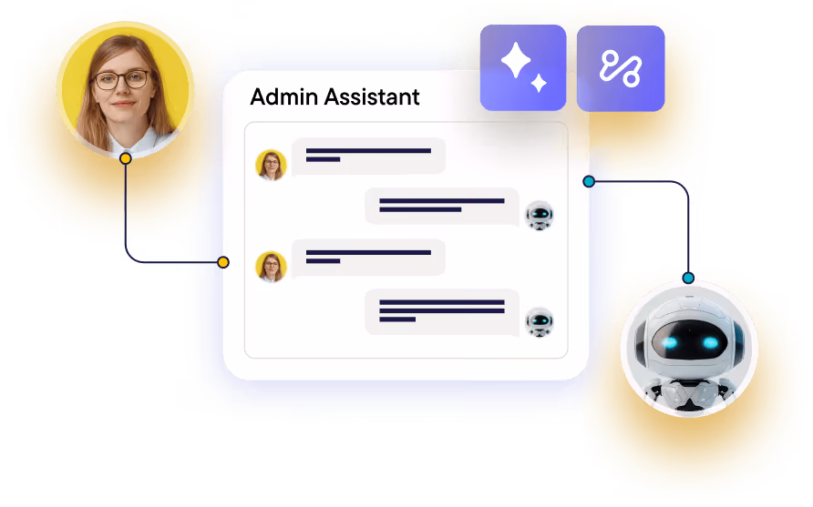 Diagram showing Admin Assistant chat interface linking a woman and a robot exchanging messages.