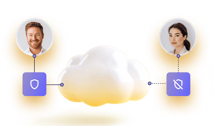 Diagram showing two profile photos connected to a central cloud, one linked to a shield icon and the other to a crossed-out eye icon.
