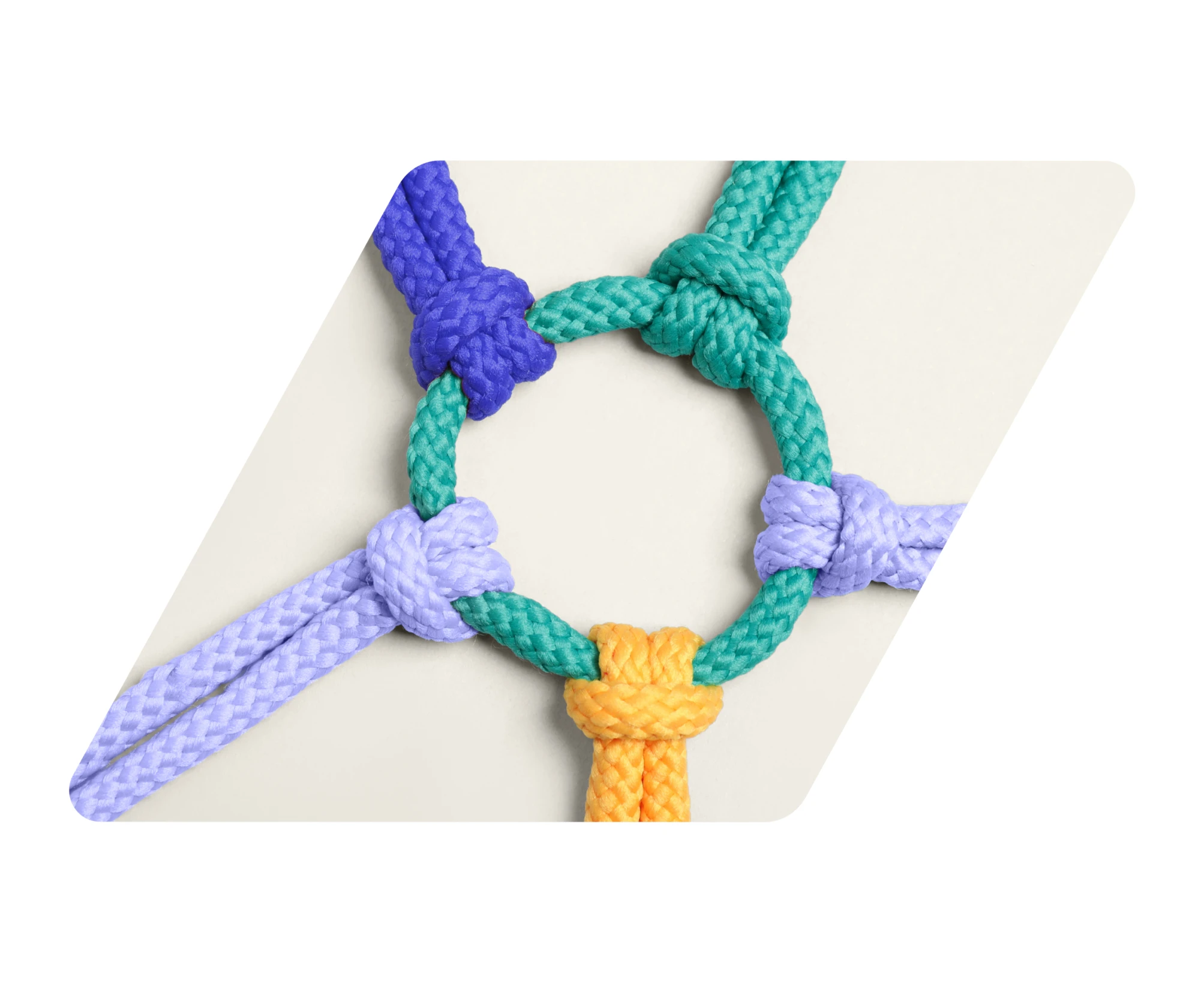 Green rope forming a circle tied by four colored ropes with knots: blue, purple, light purple, and yellow.