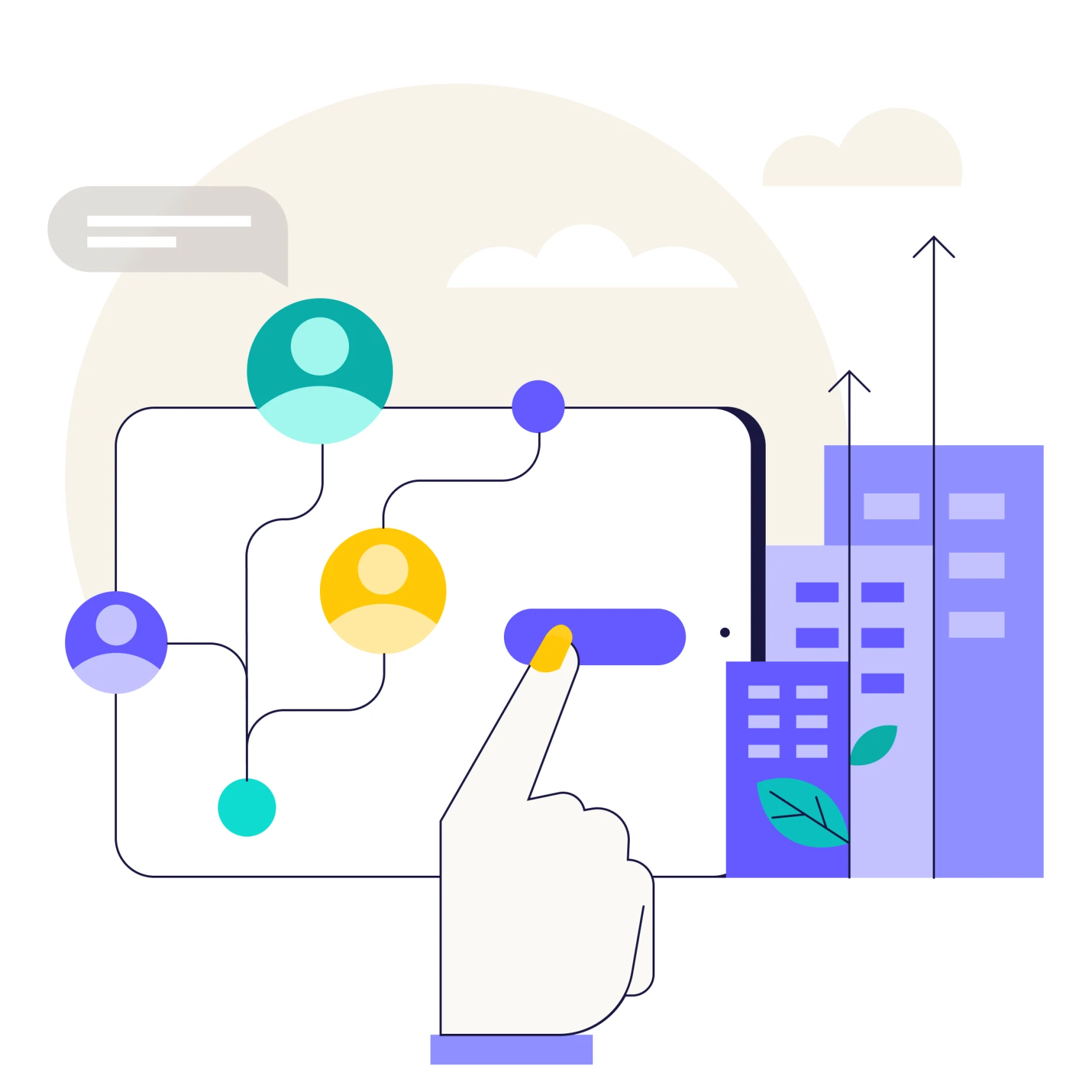 Illustration of a hand pressing a button on a tablet screen displaying connected user icons with buildings and upward arrows in the background.