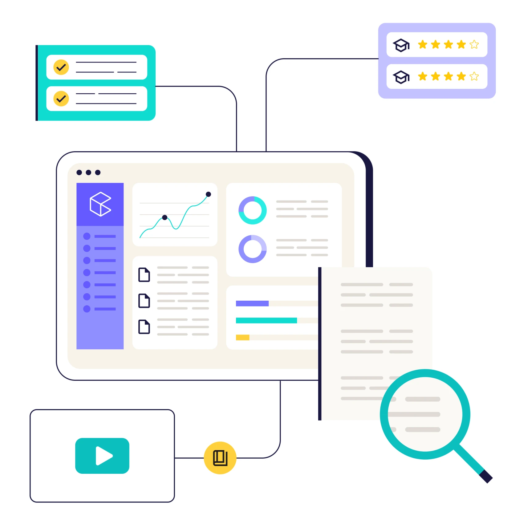 Dashboard interface showing charts, documents, ratings, checklist, a video play icon, and a magnifying glass over a document for data analysis and review.