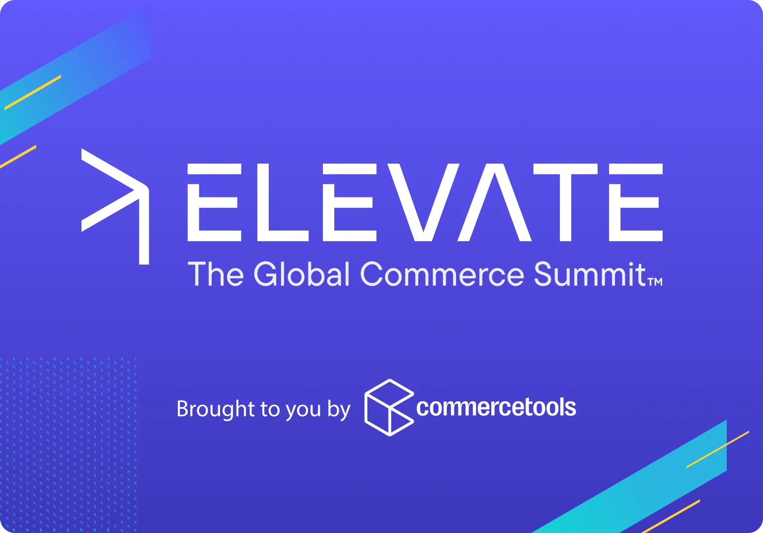 Elevate The Global Commerce Summit logo with commercetools branding on a blue and purple gradient background.