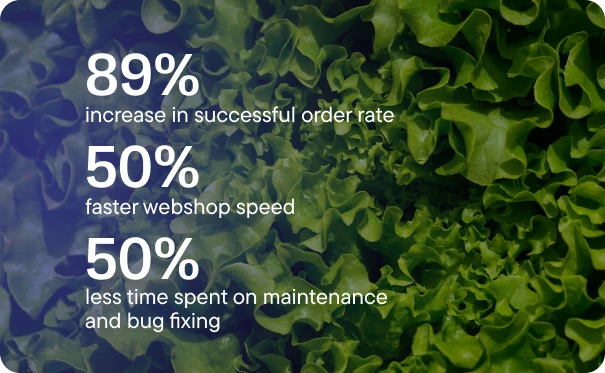 Statistics showing 89% increase in successful order rate, 50% faster webshop speed, and 50% less time spent on maintenance and bug fixing, over a background of green lettuce leaves.