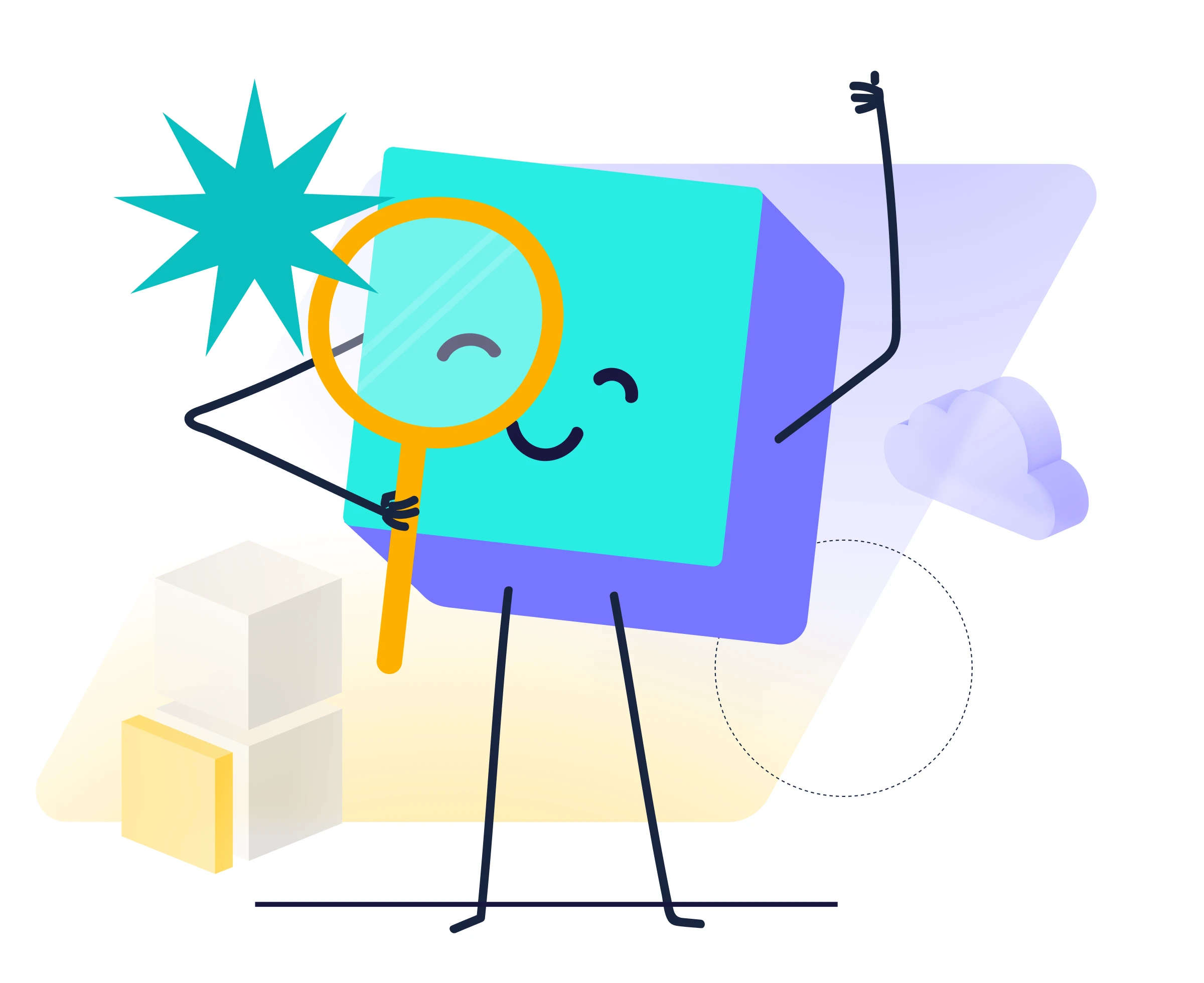 Smiling blue cube character holding a large yellow magnifying glass with abstract cloud and cubes in background.