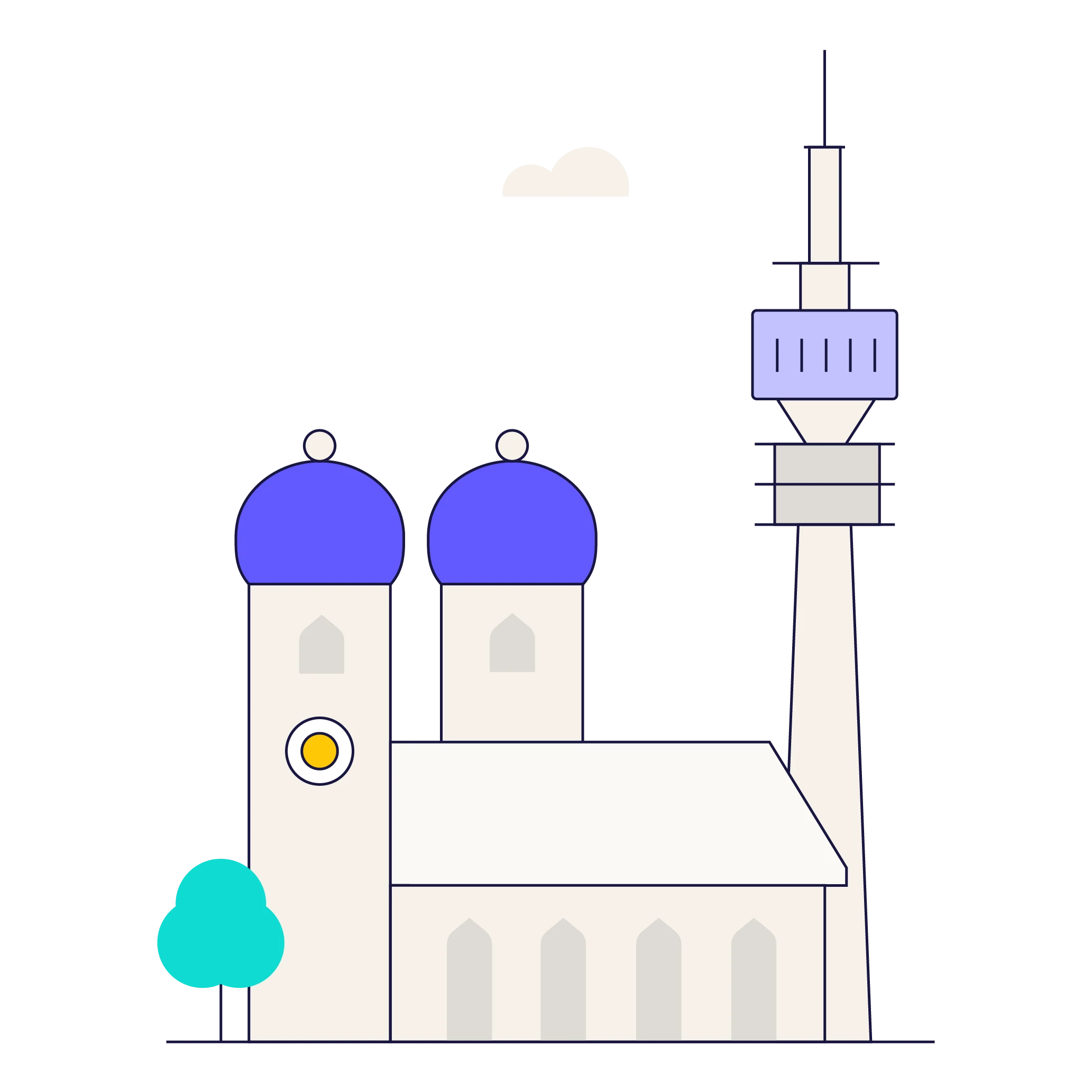 Illustration of a building with two blue domes, a tower with an observation deck, a small tree, and a cloud in the sky.