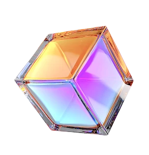 Transparent cube with iridescent surfaces showing shades of orange, purple, and blue.