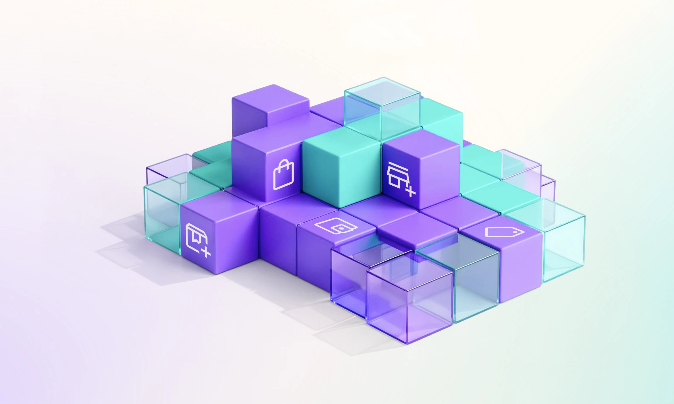 3D arrangement of purple, teal, and transparent cubes with commerce-related icons like shopping bag and credit card on purple cubes.