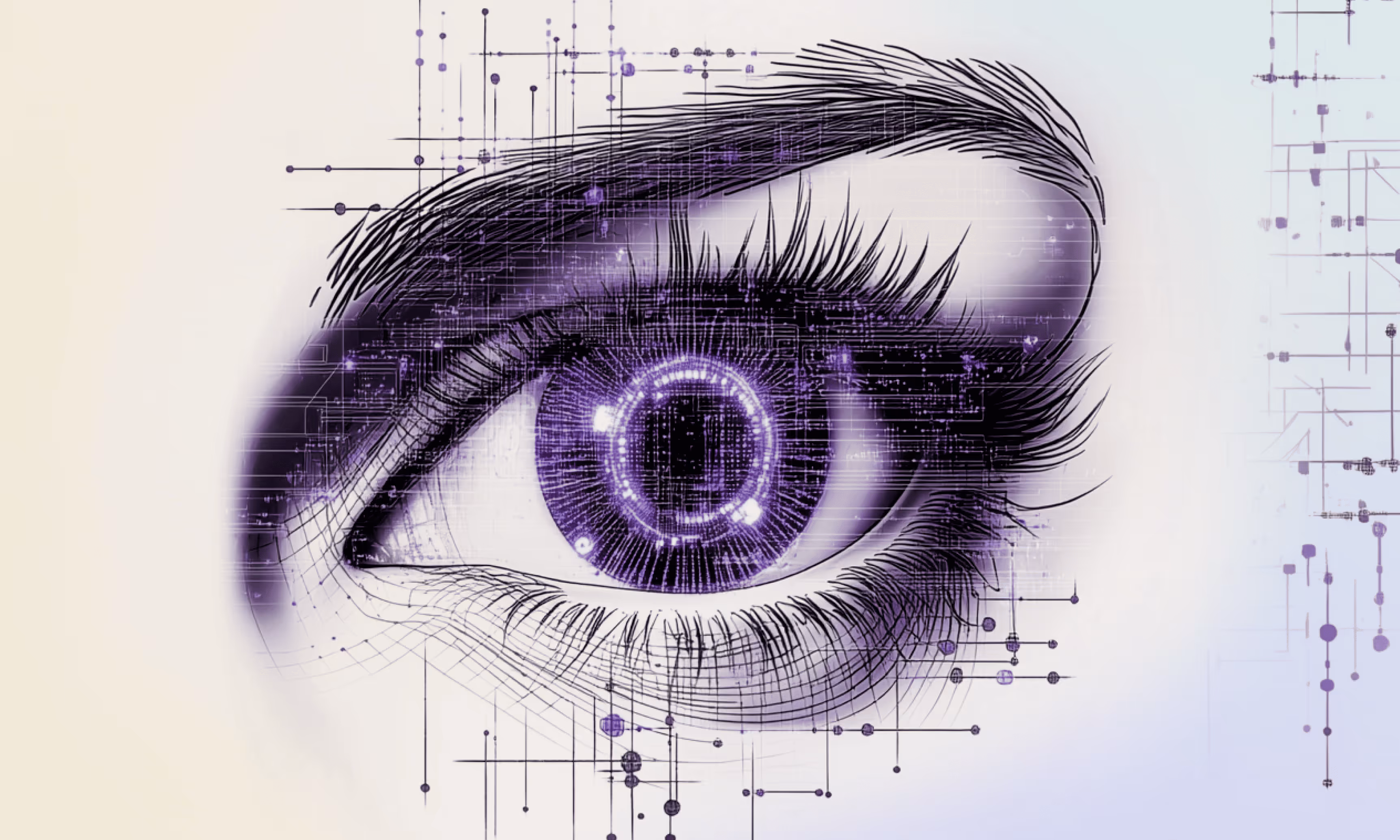 Illustration of a human eye with digital and technological circuit patterns overlaying and inside the iris, symbolizing computer vision technology.