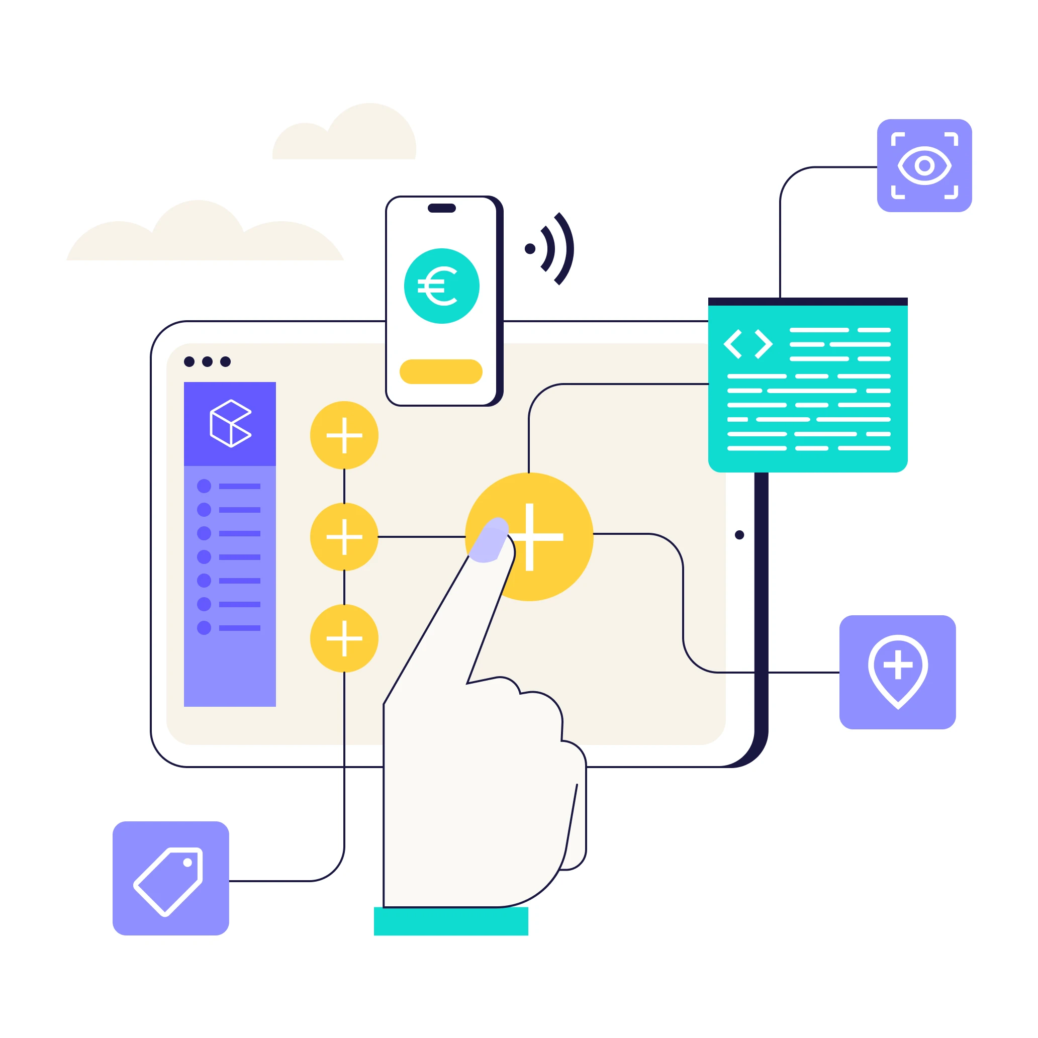 Illustration of a hand touching a plus icon on a tablet screen with connected icons including a smartphone, code, eye, location pin, and tag.