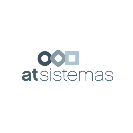 Logo consisting of three geometric shapes: a black circle, a white diamond, and a light blue square side by side above the blurred text 'atsistemas'.
