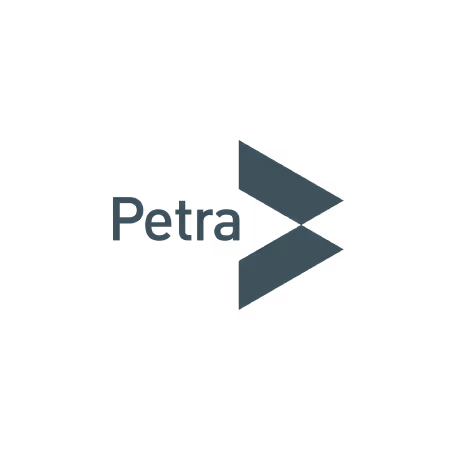 Petra company logo with stylized double arrow symbol.
