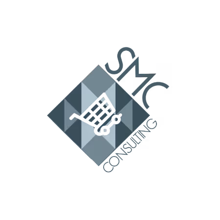 Geometric logo with a shopping cart inside a patterned diamond shape.