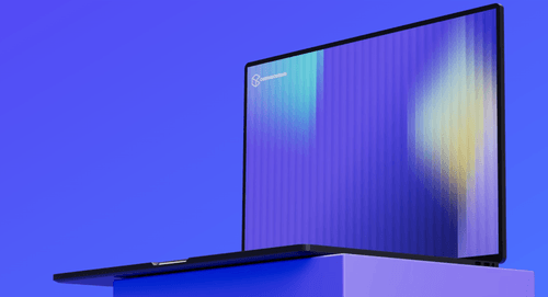 Laptop with a blue and purple striped screen displaying the commercetools logo on a blue surface against a solid blue background.