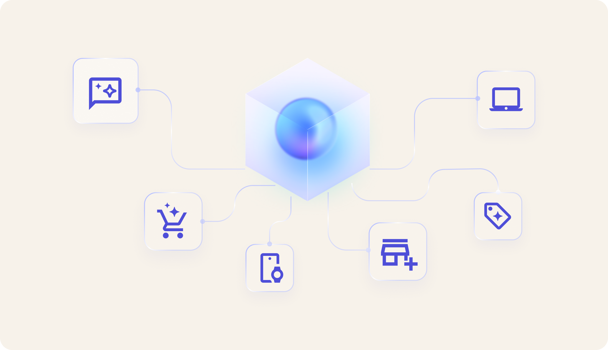 Central glowing cube connected to icons of chat, shopping cart, devices, store, laptop, and price tag.