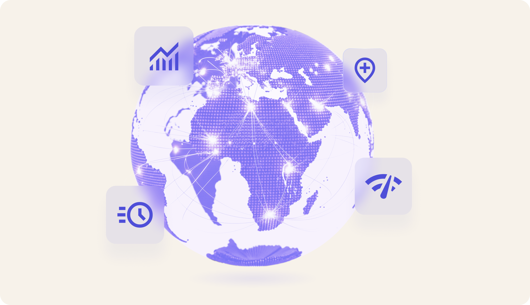 Dotted globe showing Africa and Europe with network connections and four floating icons around it.