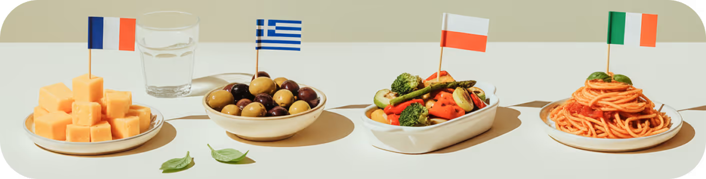 Four meals, cheese from France, olives from Greece, vegetables from Poland and traditional pasta from Italy.
