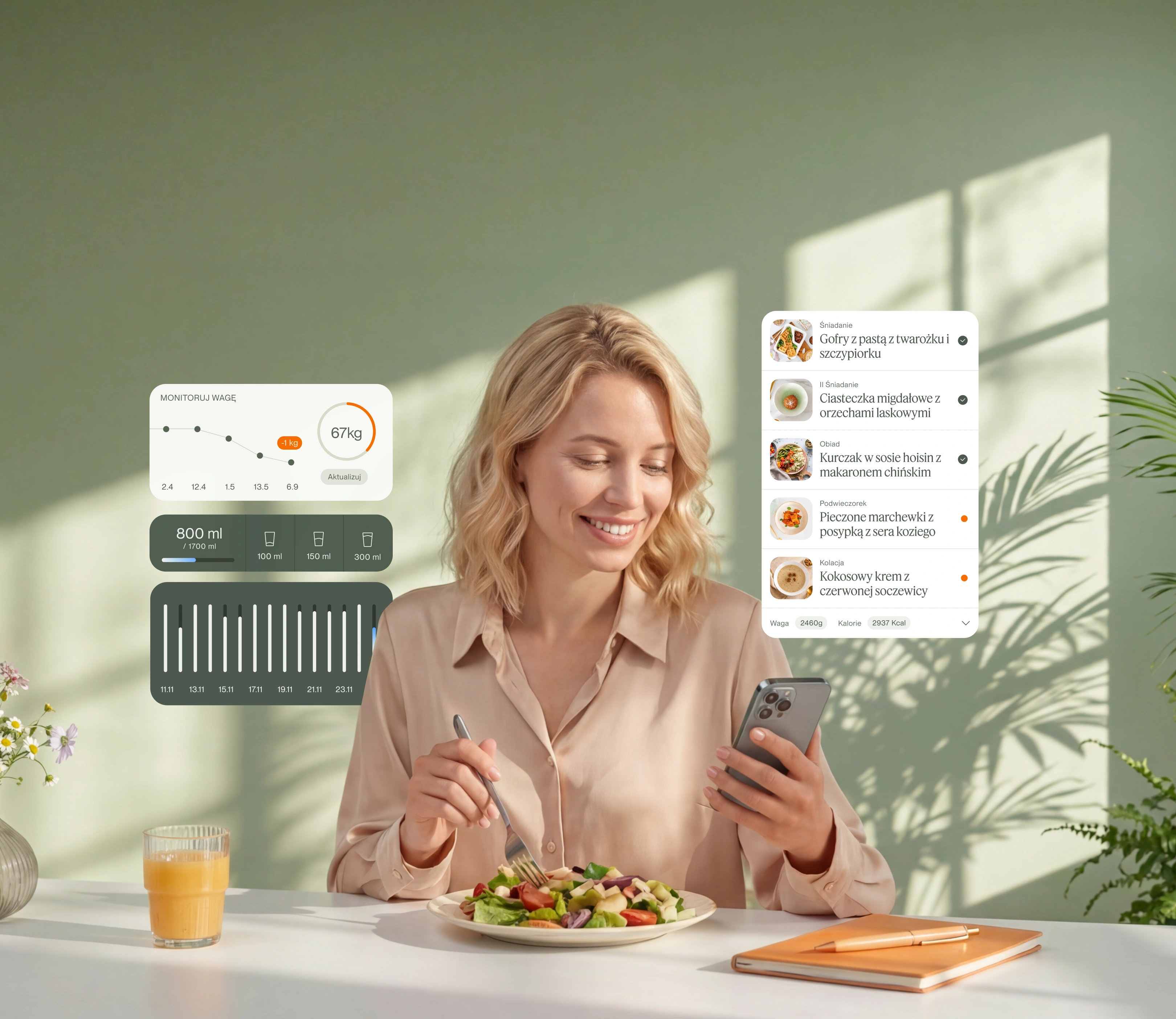 A women looking at app with meal tracker while eating salad