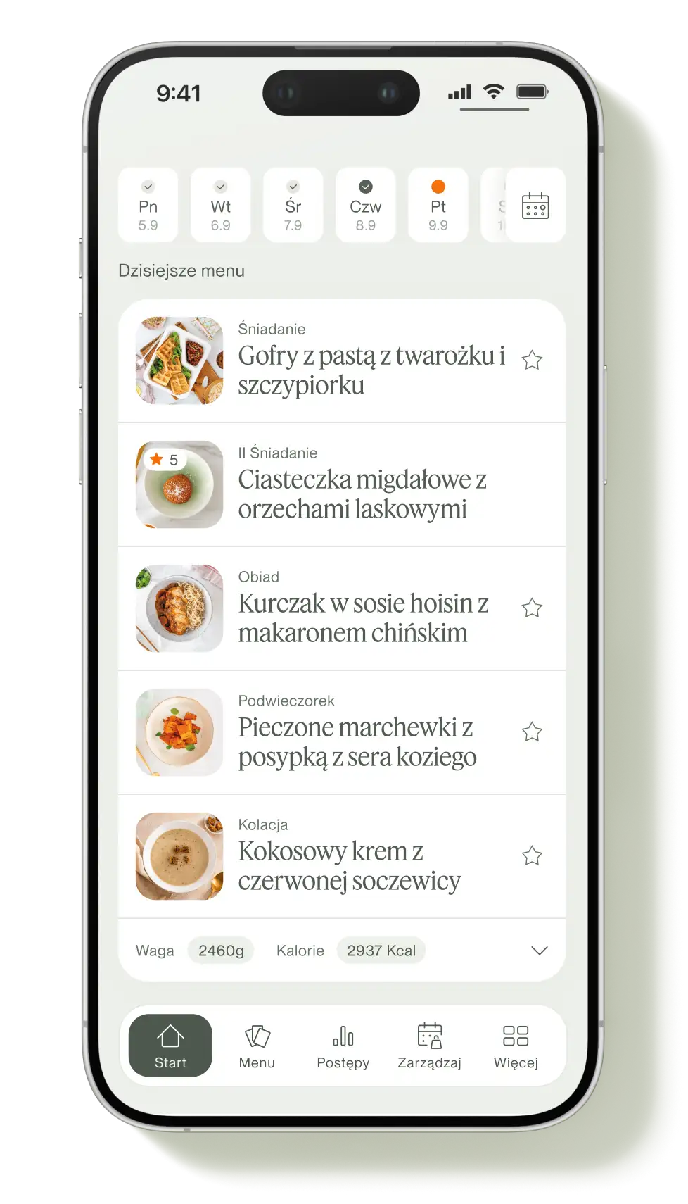 Aplikacja na telefon pokazująca menu dnia z pięcioma posiłkami i podsumowaniem kalorii i wagi.