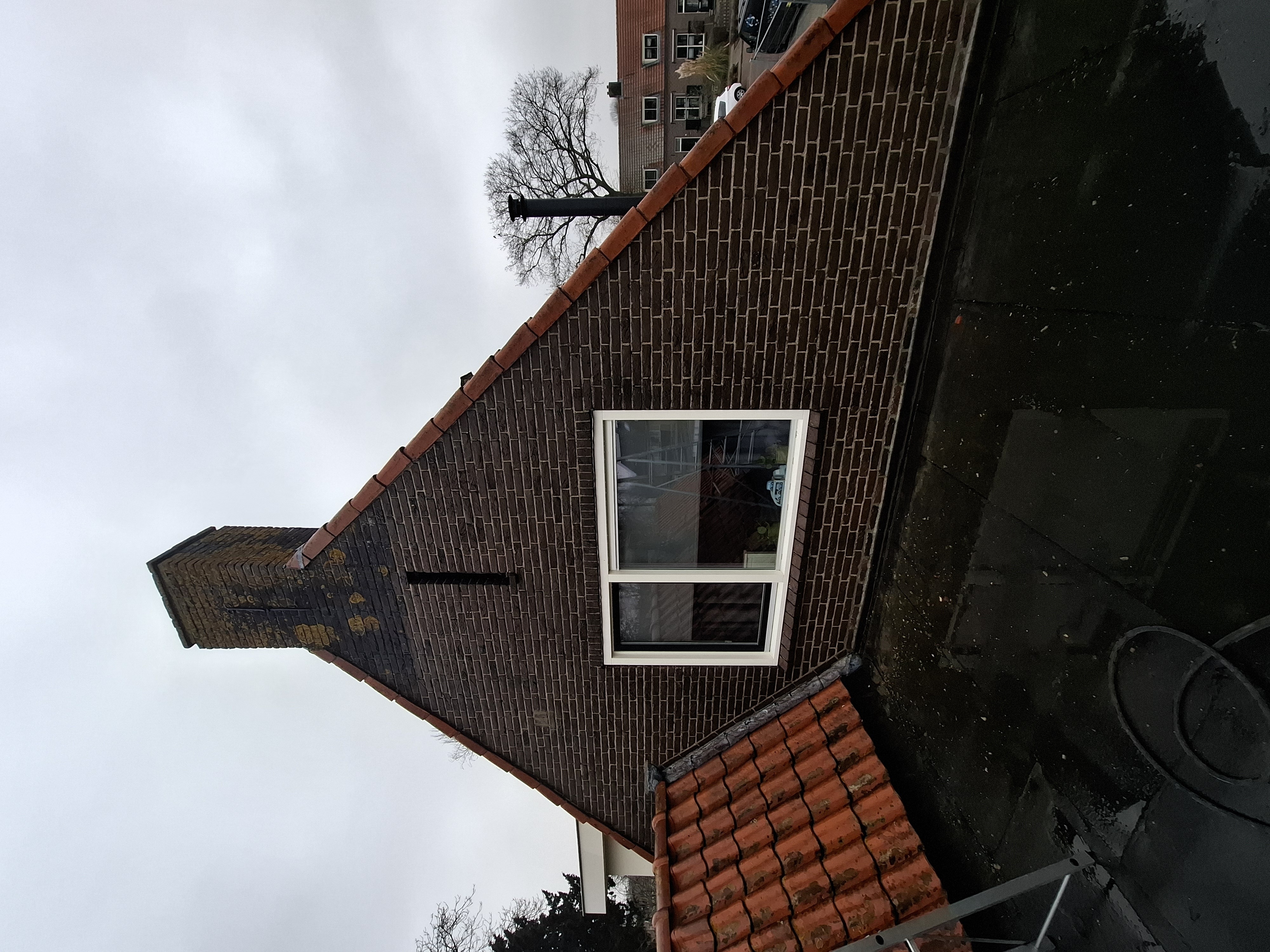 Achtergevel woning voor reiniging met mosvorming