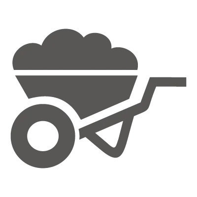 Icon of a wheelbarrow filled with material, symbolizing groundwork or construction work.