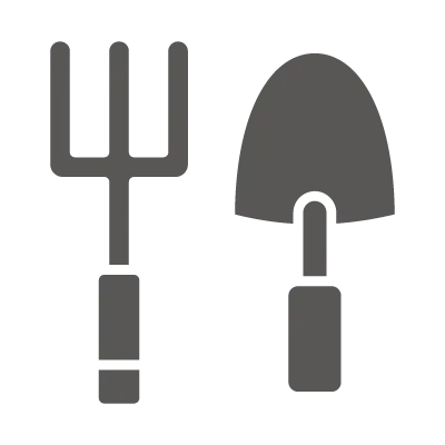 Silhouettes of a garden fork and a hand trowel gardening tools side by side.