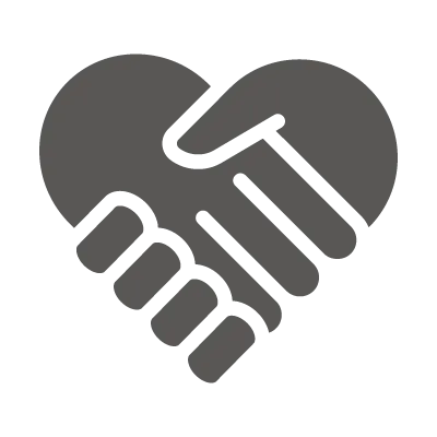 Icon of two hands shaking, forming the shape of a heart, symbolizing relationship and trust.