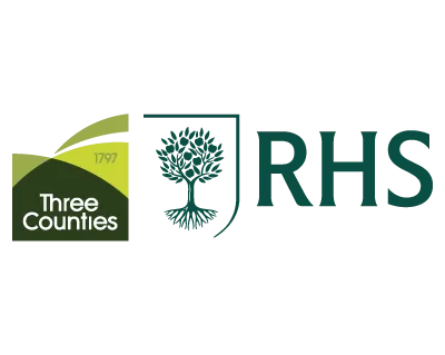 Three Counties logo with green hills and year 1797 next to the RHS emblem with tree silhouette and letters RHS.