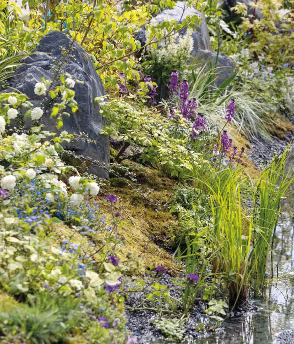 Rocky garden slope with white and purple flowers, green foliage, and grasses beside water.