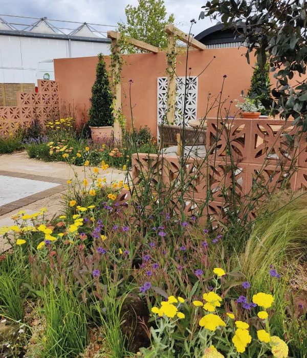 Garden with yellow and purple flowers, ornamental plants, and a patio area with terracotta walls and wooden trellis.