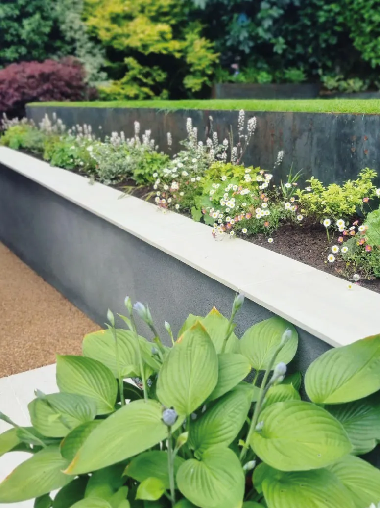 Modern garden planter with green leafy plants and small white flowers against a dark wall and lush greenery.