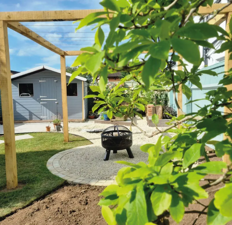 Garden view with green leaves in foreground, a fire pit on gravel circle, wooden pergola frame, and a blue garden shed.