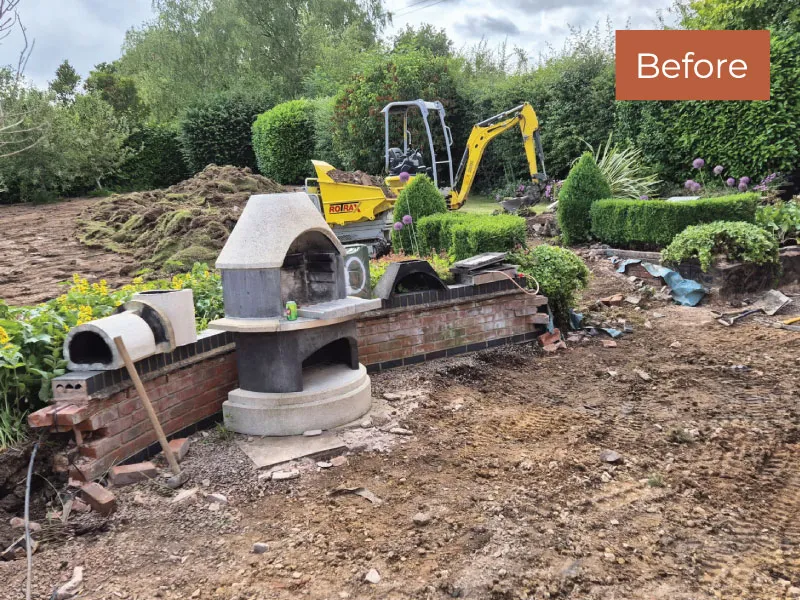 Garden under construction with outdoor brick oven, excavator, and trimmed shrubs labeled Before.