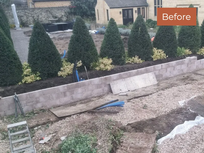Unfinished garden area with gravel path and trimmed bushes behind a low brick wall labeled 'Before'.