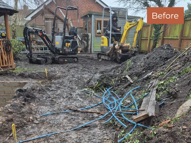 Mud-covered backyard under excavation with two small excavators and tangled blue pipes labeled Before.