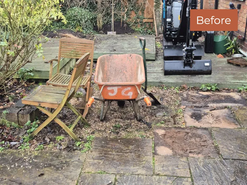 Garden area with wooden chairs, a rusty wheelbarrow, a shovel, and construction equipment on wooden decking, labeled Before.