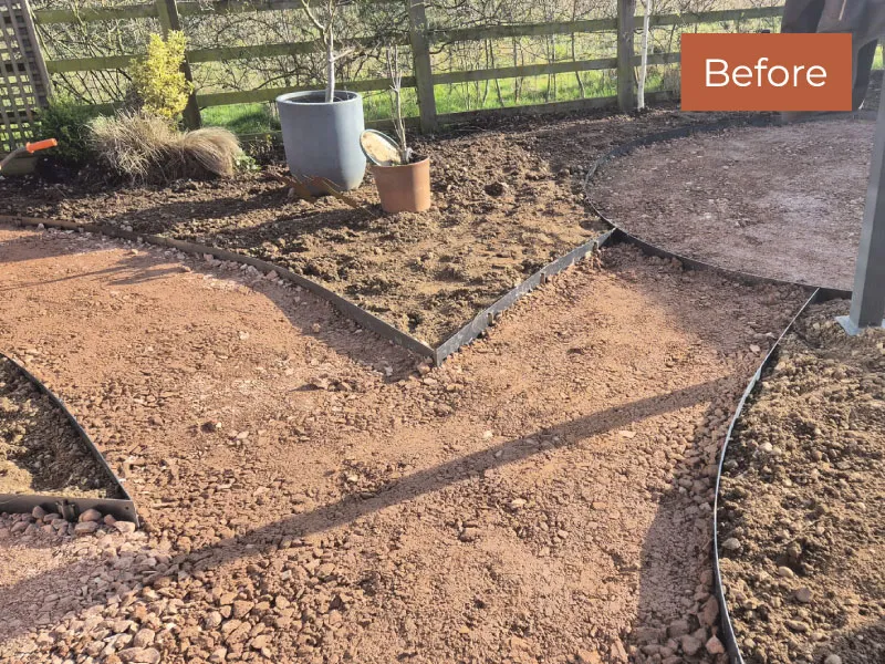 Unfinished garden path area with loose gravel and metal edging marked 'Before'.