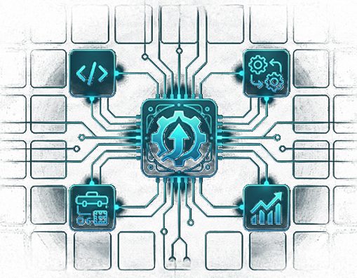 Glowing digital circuit board with central chip symbolizing upgrade and connected icons for coding, automation, network, and growth.