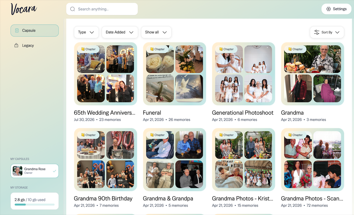 layout of a vocara digital time capsule app