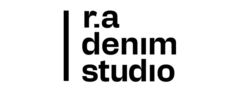 Logo of RA denim studio in stylized black letters on white background.